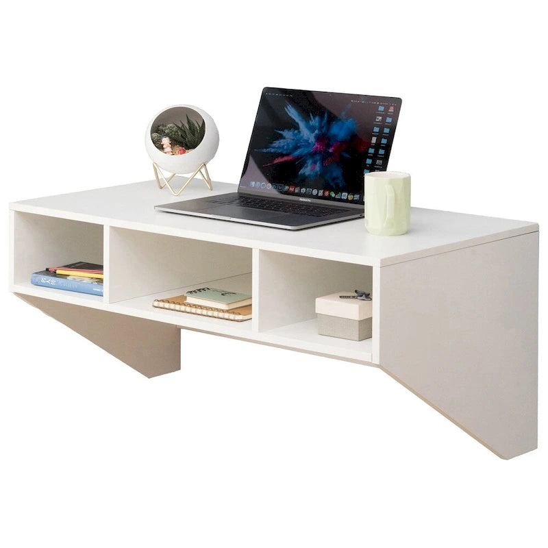 Wall-Mounted Computer Desk with Open Shelves & Optional Hutch