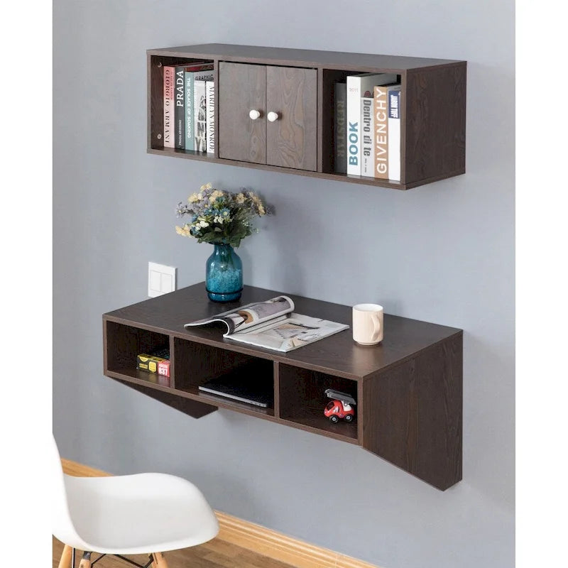 Wall-Mounted Computer Desk with Open Shelves & Optional Hutch