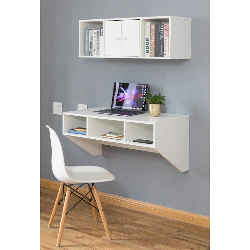 Wall-Mounted Computer Desk with Open Shelves & Optional Hutch