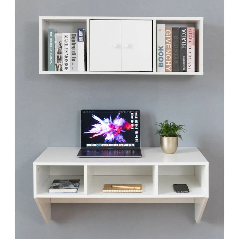 Wall-Mounted Computer Desk with Open Shelves & Optional Hutch