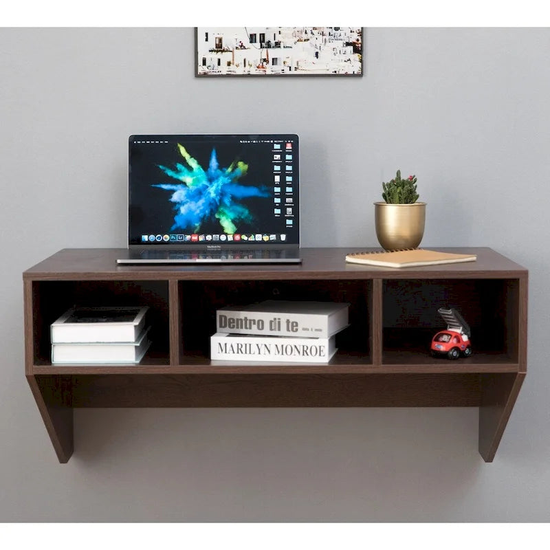 Wall-Mounted Computer Desk with Open Shelves & Optional Hutch