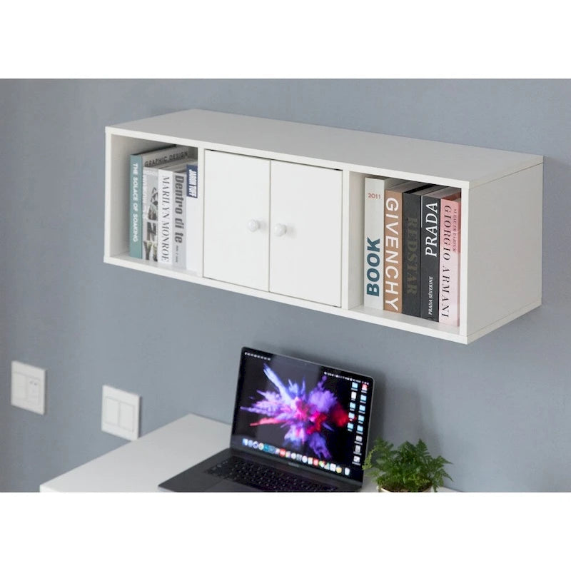 Wall-Mounted Computer Desk with Open Shelves & Optional Hutch