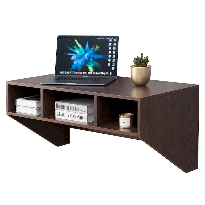 Wall-Mounted Computer Desk with Open Shelves & Optional Hutch