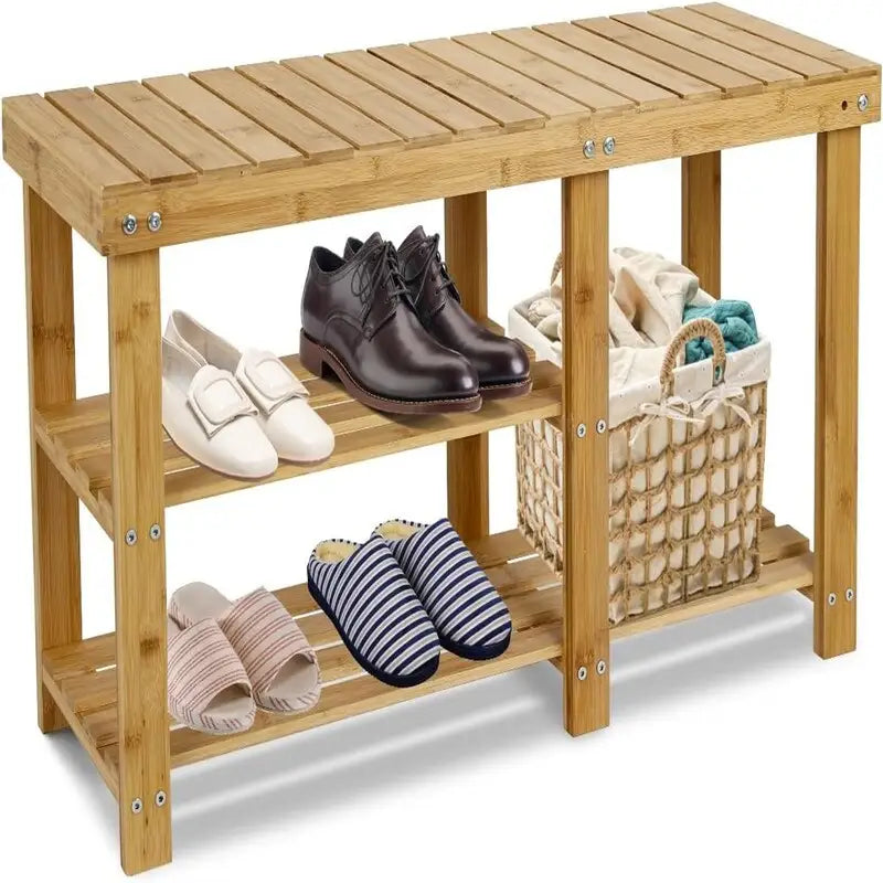 3-Tier Bamboo Shoe Rack Bench with Seat for Entryway and Bedroom