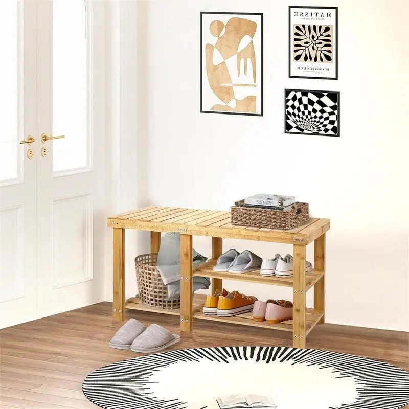 3-Tier Bamboo Shoe Rack Bench with Seat for Entryway and Bedroom