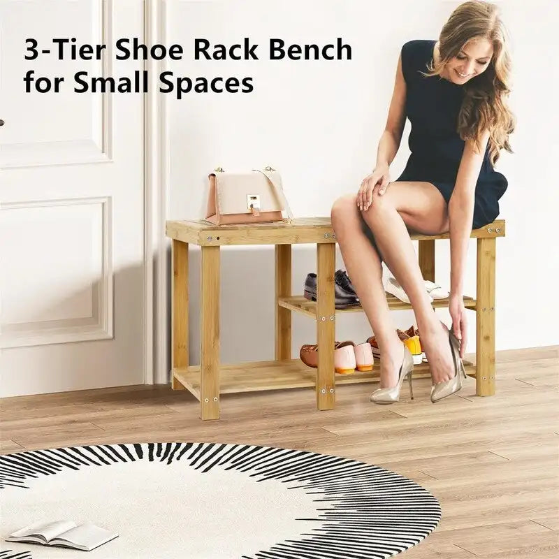 3-Tier Bamboo Shoe Rack Bench with Seat for Entryway and Bedroom