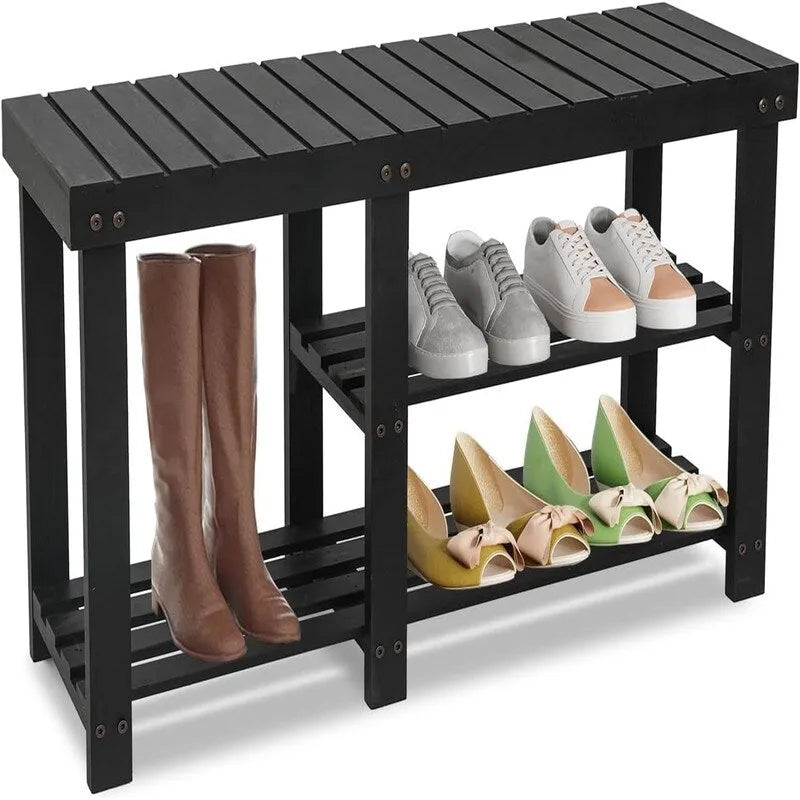 3-Tier Bamboo Shoe Rack Bench with Seat for Entryway and Bedroom