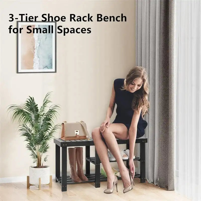 3-Tier Bamboo Shoe Rack Bench with Seat for Entryway and Bedroom