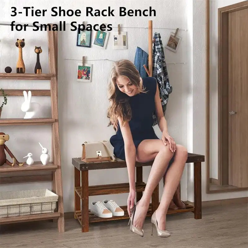 3-Tier Bamboo Shoe Rack Bench with Seat for Entryway and Bedroom