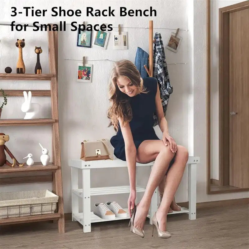 3-Tier Bamboo Shoe Rack Bench with Seat for Entryway and Bedroom