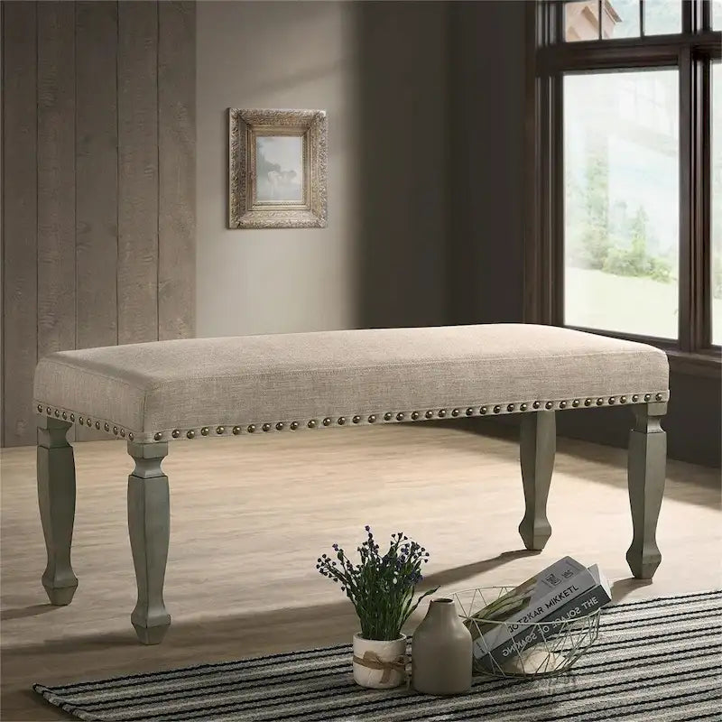 Upholstered Entryway Bench with Nailhead Trim & Antique Gray Wood Legs