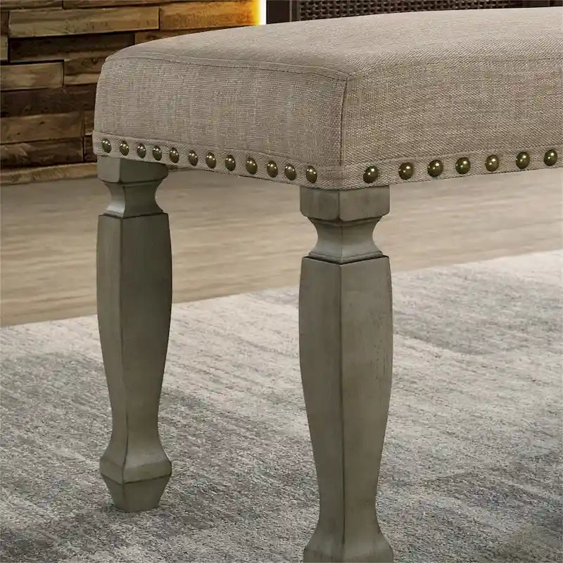 Upholstered Entryway Bench with Nailhead Trim & Antique Gray Wood Legs