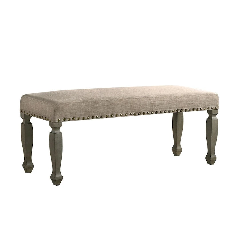 Upholstered Entryway Bench with Nailhead Trim & Antique Gray Wood Legs