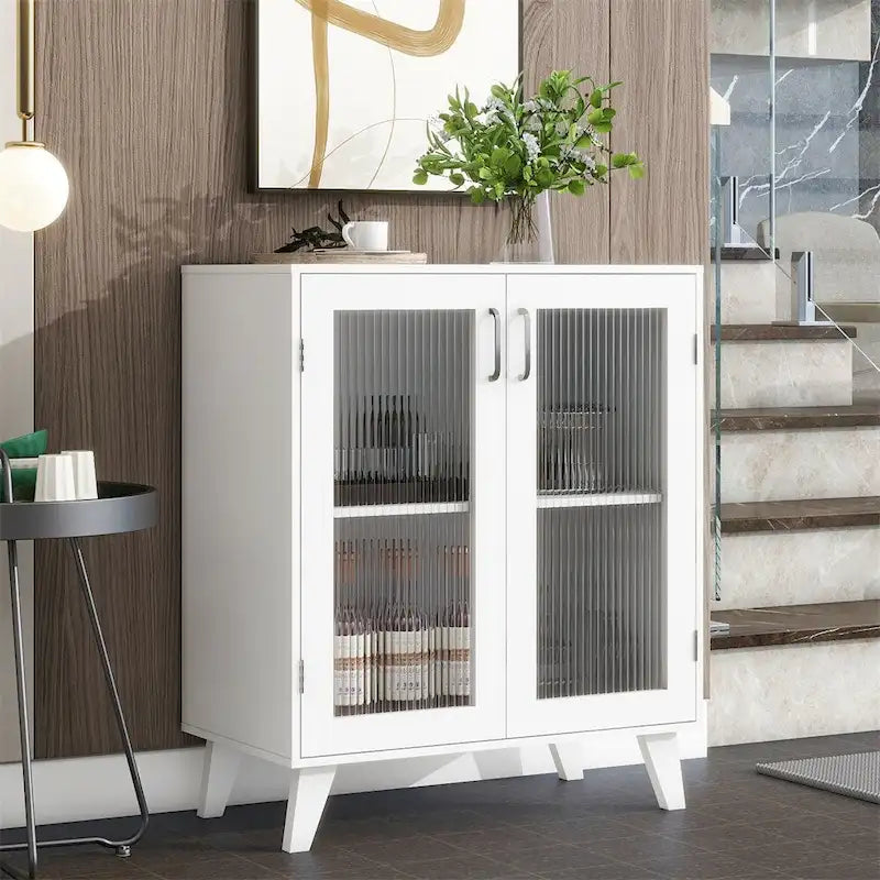 Modern Minimalist Storage Cabinet with 2 Glass Doors & Adjustable Shelf