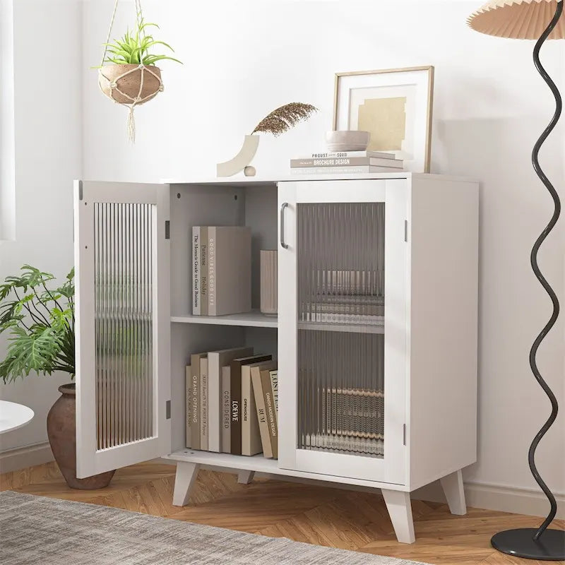 Modern Minimalist Storage Cabinet with 2 Glass Doors & Adjustable Shelf