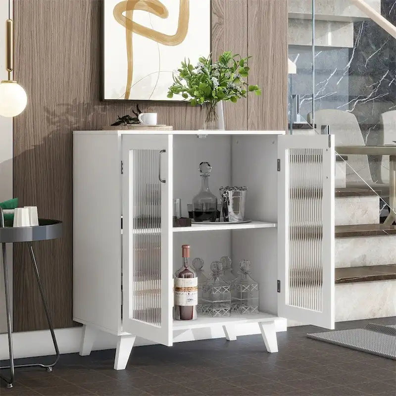 Modern Minimalist Storage Cabinet with 2 Glass Doors & Adjustable Shelf