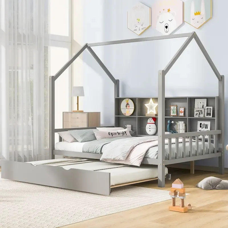 Full Size Kids House Bed Frame with Roof, Shelf and Trundle — Pine Wood