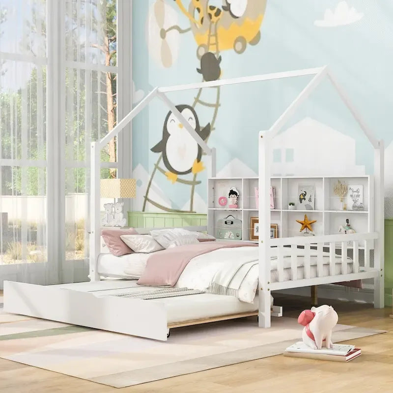 Full Size Kids House Bed Frame with Roof, Shelf and Trundle — Pine Wood