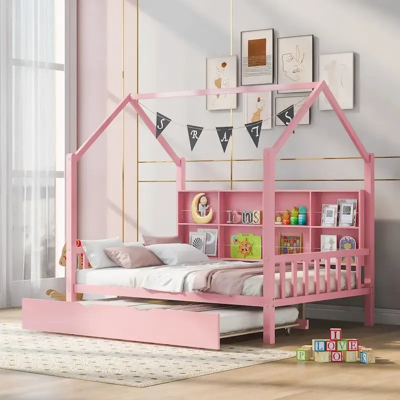 Full Size Kids House Bed Frame with Roof, Shelf and Trundle — Pine Wood