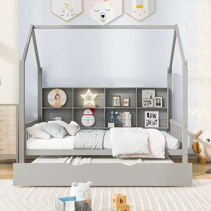 Full Size Kids House Bed Frame with Roof, Shelf and Trundle — Pine Wood