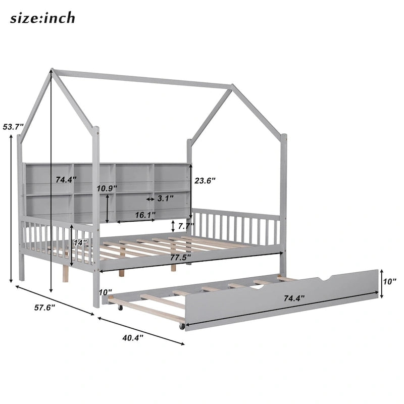Full Size Kids House Bed Frame with Roof, Shelf and Trundle — Pine Wood