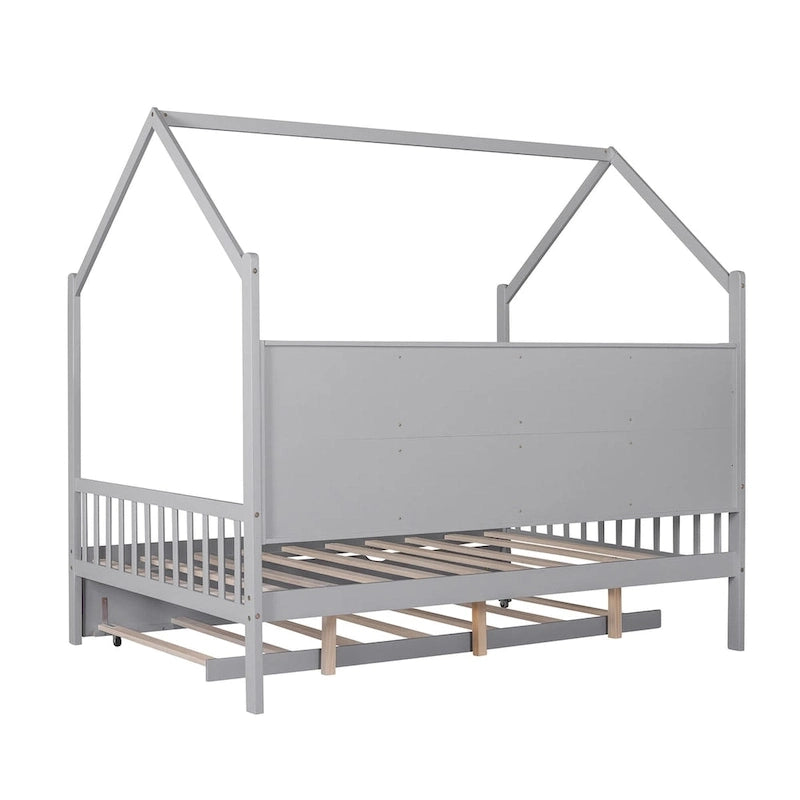Full Size Kids House Bed Frame with Roof, Shelf and Trundle — Pine Wood