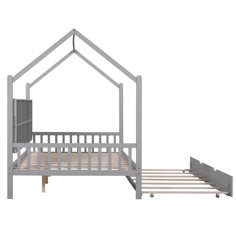 Full Size Kids House Bed Frame with Roof, Shelf and Trundle — Pine Wood