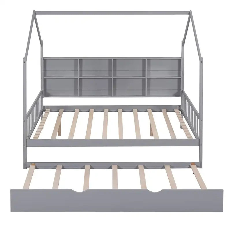 Full Size Kids House Bed Frame with Roof, Shelf and Trundle — Pine Wood