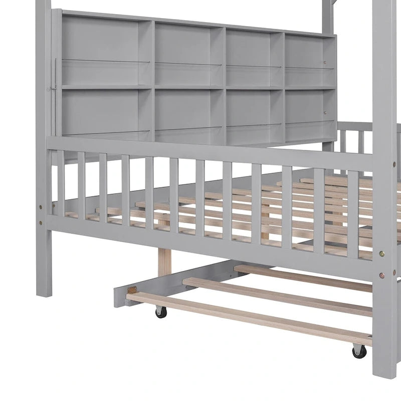 Full Size Kids House Bed Frame with Roof, Shelf and Trundle — Pine Wood