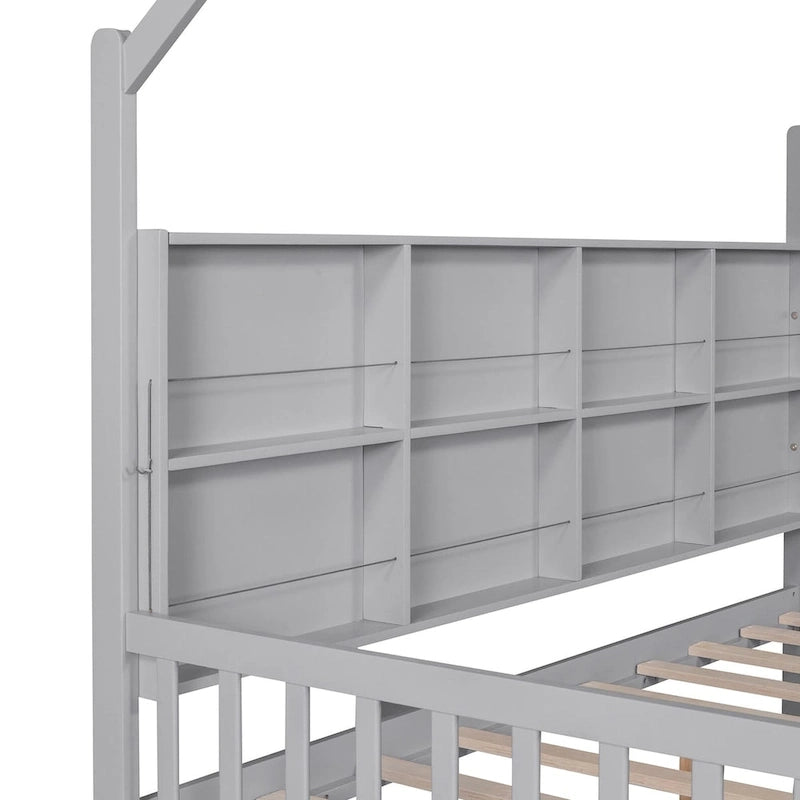 Full Size Kids House Bed Frame with Roof, Shelf and Trundle — Pine Wood