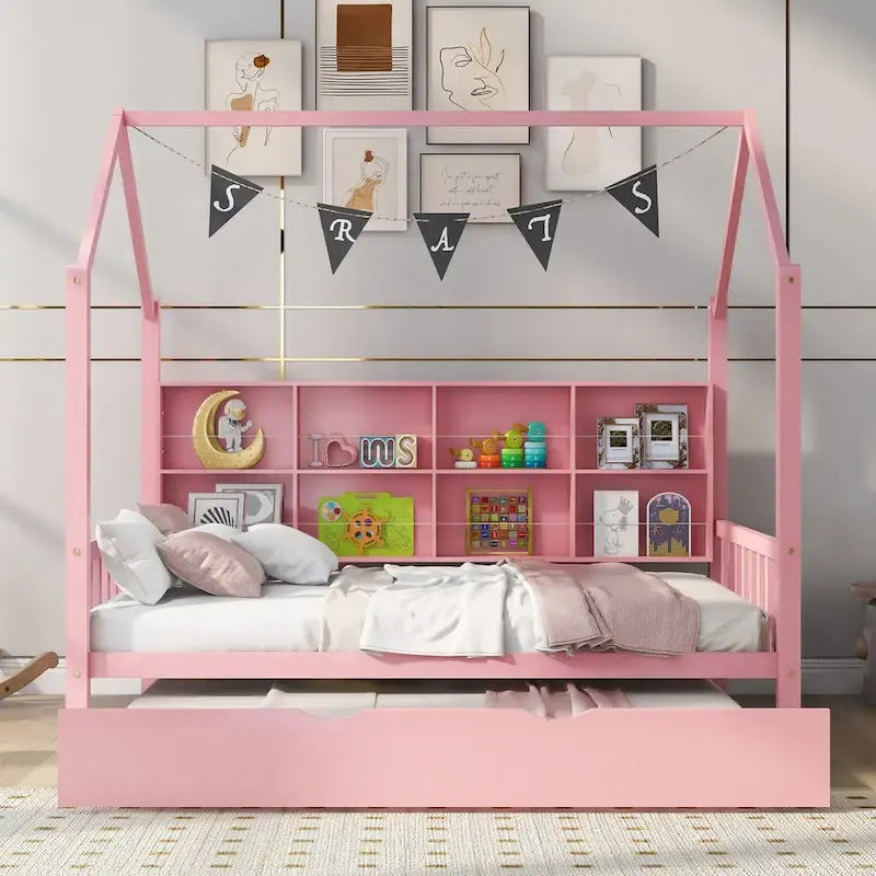 Full Size Kids House Bed Frame with Roof, Shelf and Trundle — Pine Wood