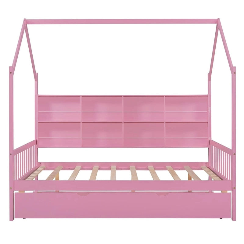Full Size Kids House Bed Frame with Roof, Shelf and Trundle — Pine Wood