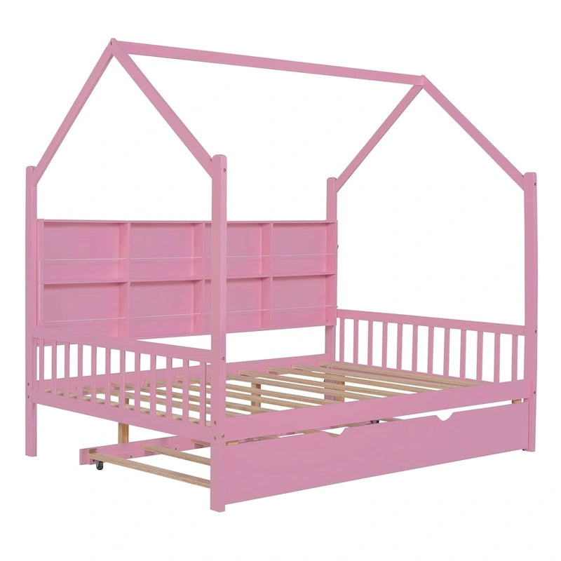 Full Size Kids House Bed Frame with Roof, Shelf and Trundle — Pine Wood