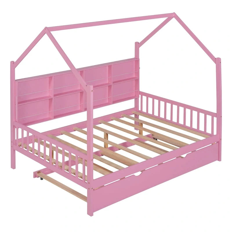 Full Size Kids House Bed Frame with Roof, Shelf and Trundle — Pine Wood