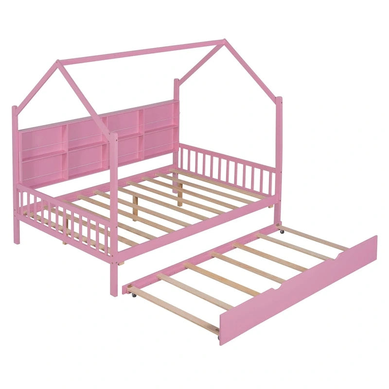 Full Size Kids House Bed Frame with Roof, Shelf and Trundle — Pine Wood