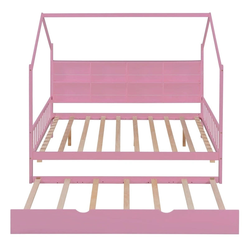 Full Size Kids House Bed Frame with Roof, Shelf and Trundle — Pine Wood