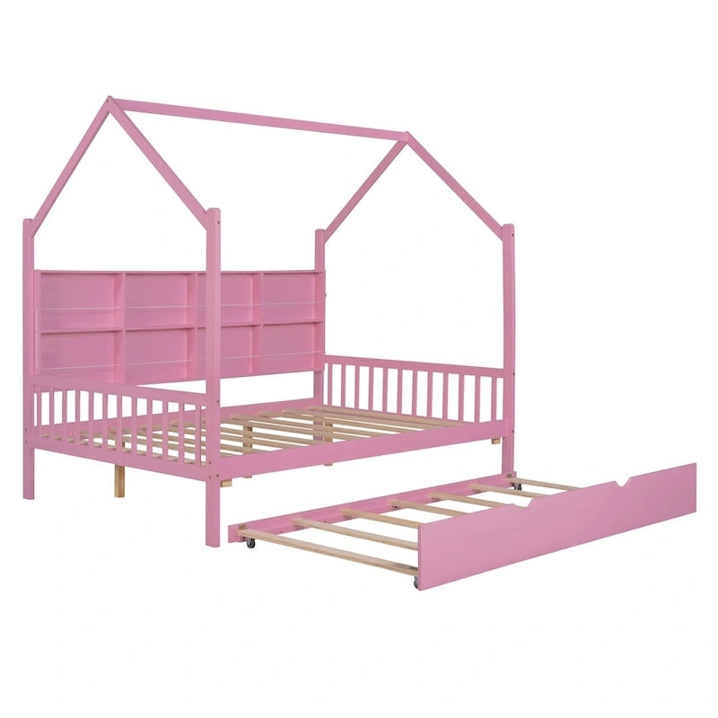 Full Size Kids House Bed Frame with Roof, Shelf and Trundle — Pine Wood