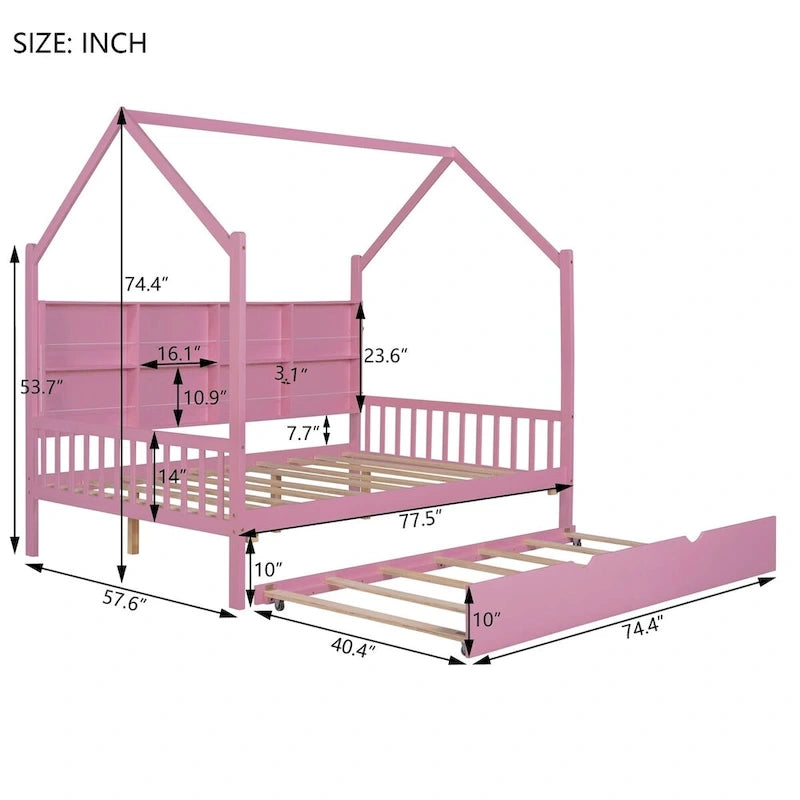 Full Size Kids House Bed Frame with Roof, Shelf and Trundle — Pine Wood