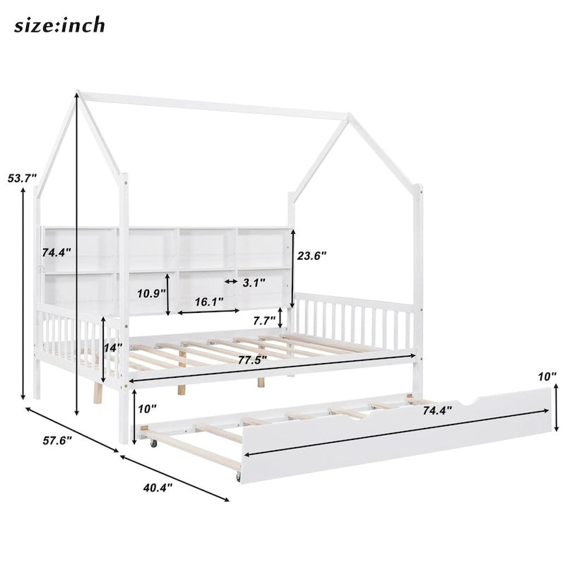 Full Size Kids House Bed Frame with Roof, Shelf and Trundle — Pine Wood