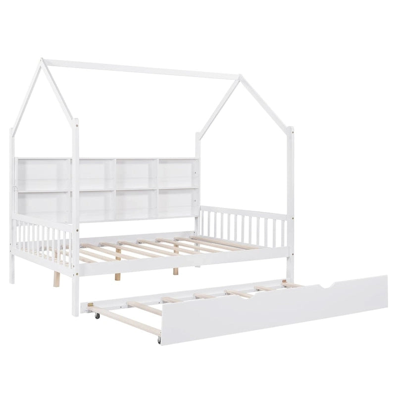 Full Size Kids House Bed Frame with Roof, Shelf and Trundle — Pine Wood