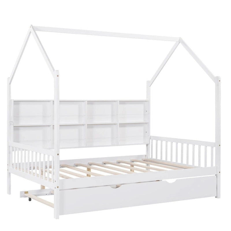 Full Size Kids House Bed Frame with Roof, Shelf and Trundle — Pine Wood