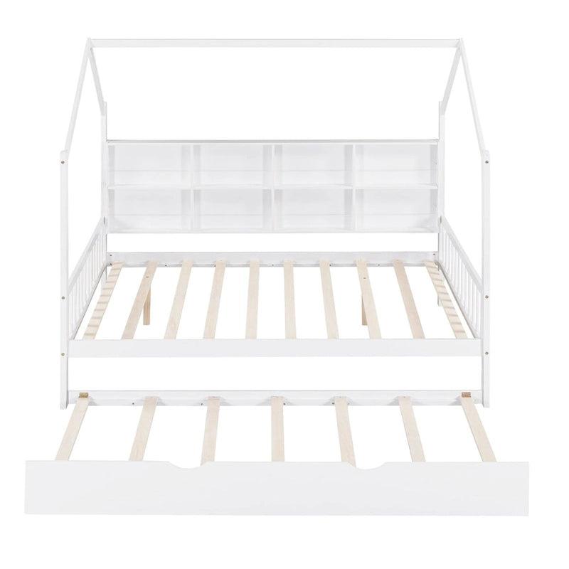 Full Size Kids House Bed Frame with Roof, Shelf and Trundle — Pine Wood
