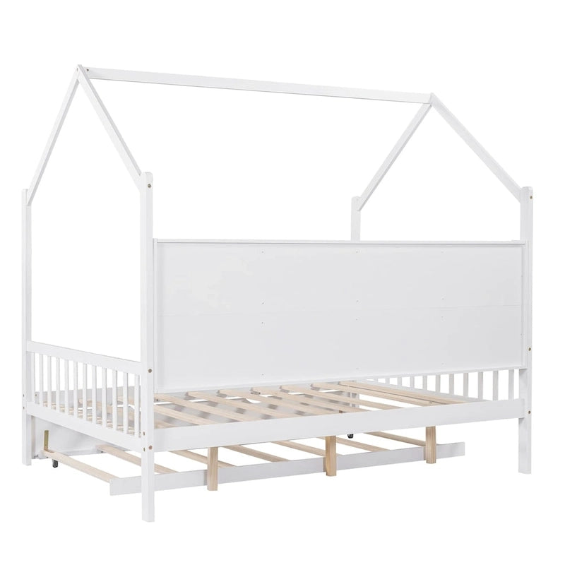 Full Size Kids House Bed Frame with Roof, Shelf and Trundle — Pine Wood