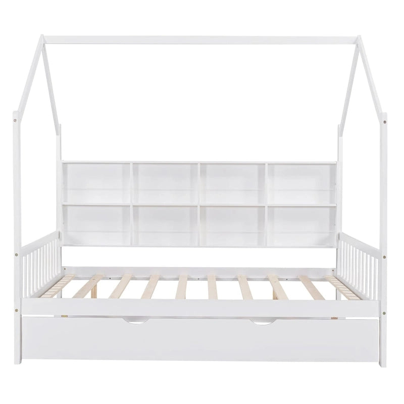 Full Size Kids House Bed Frame with Roof, Shelf and Trundle — Pine Wood