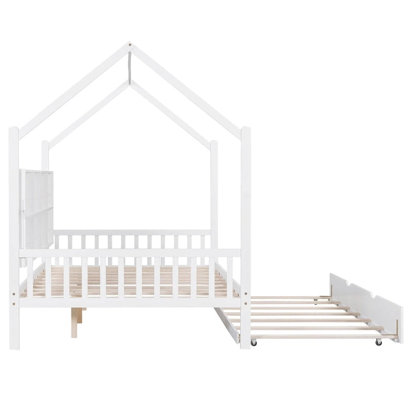 Full Size Kids House Bed Frame with Roof, Shelf and Trundle — Pine Wood