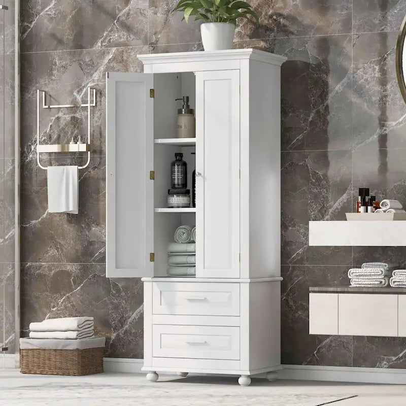 Tall Storage Cabinet with 3 Adjustable Shelves and 2 Drawers — Water-Resistant MDF
