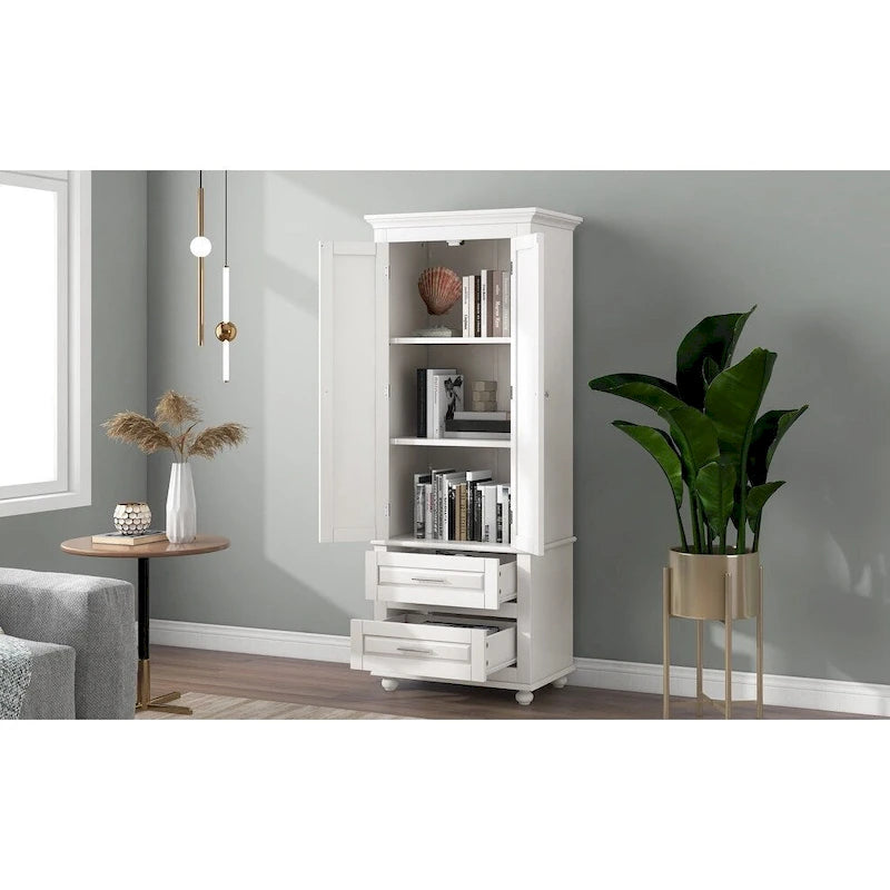 Tall Storage Cabinet with 3 Adjustable Shelves and 2 Drawers — Water-Resistant MDF