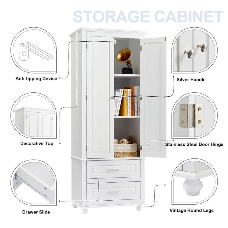 Tall Storage Cabinet with 3 Adjustable Shelves and 2 Drawers — Water-Resistant MDF