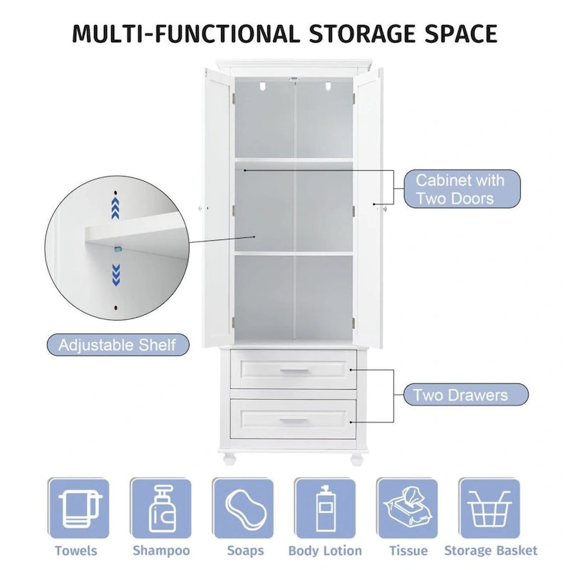 Tall Storage Cabinet with 3 Adjustable Shelves and 2 Drawers — Water-Resistant MDF