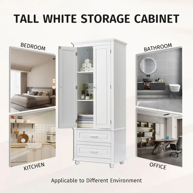 Tall Storage Cabinet with 3 Adjustable Shelves and 2 Drawers — Water-Resistant MDF